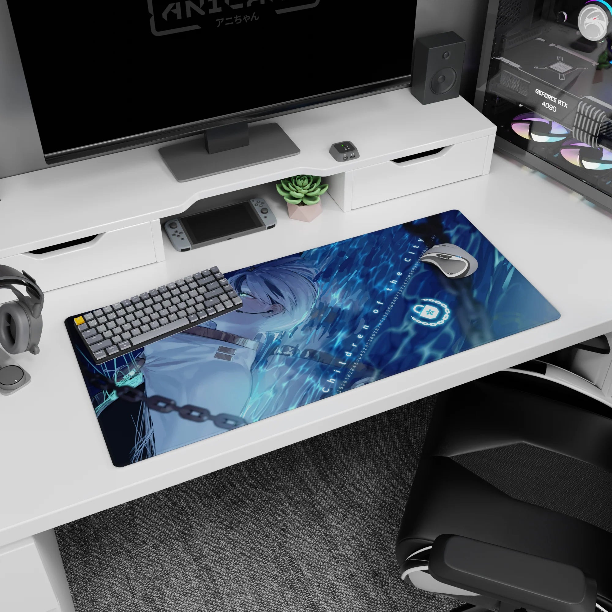 36x16 inches desk pad showing silver-haired anime girl sideways, green eyes, white high-collar outfit.