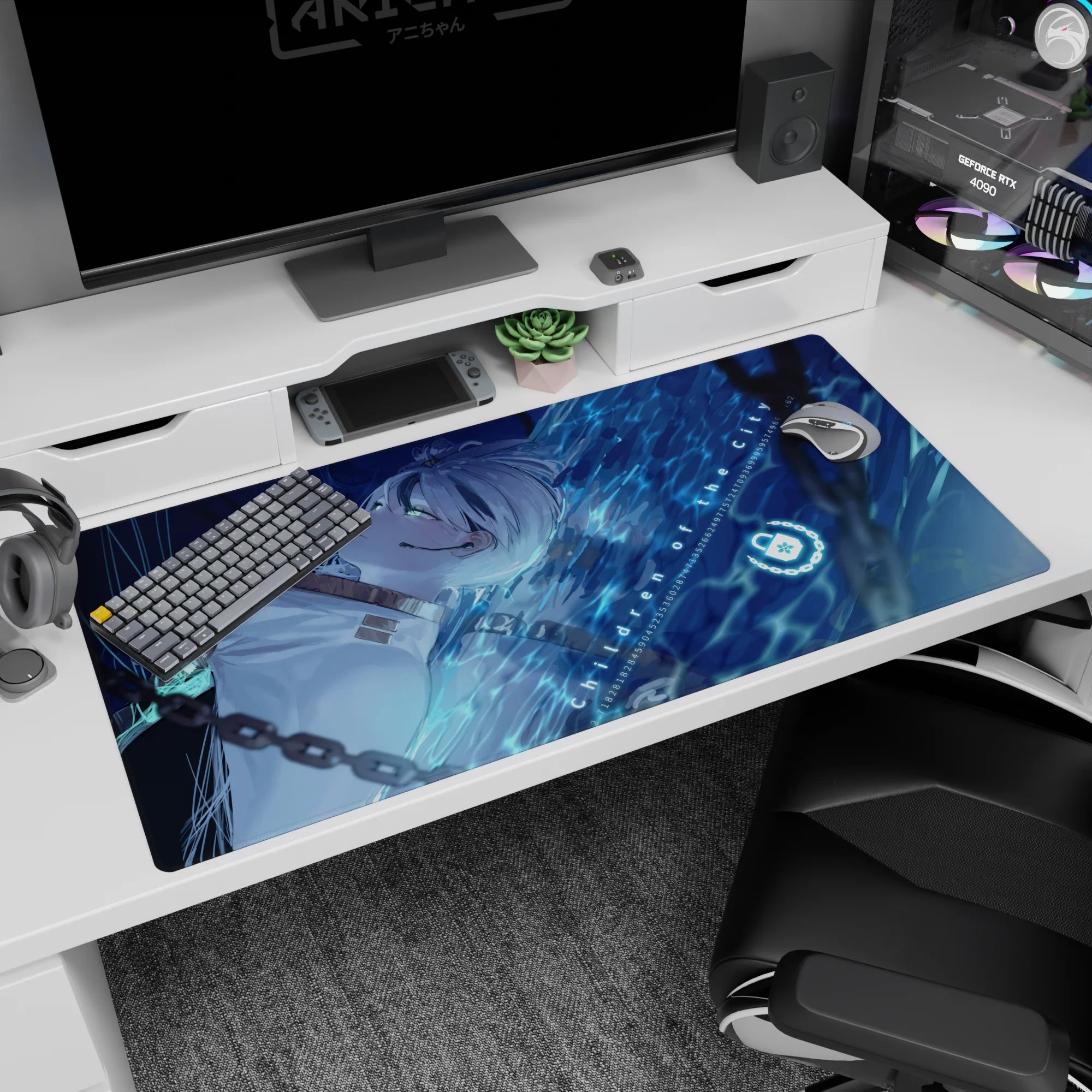 40x20 inches anime girl desk pad featuring a silver-haired girl sideways in a white high-collar outfit.