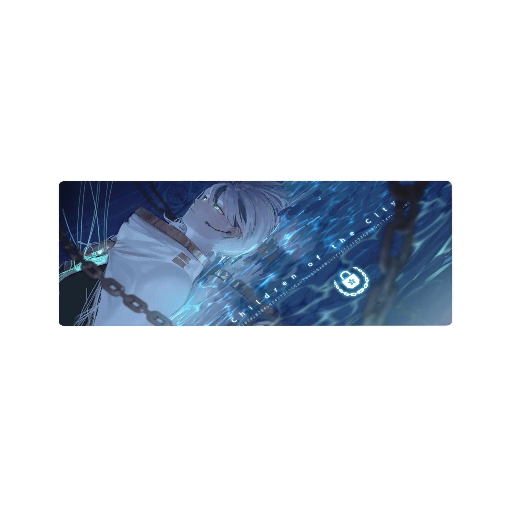 Anime girl mouse pad 32x12 inches with silver-haired floating girl, neon aqua ripples, and tech symbols.