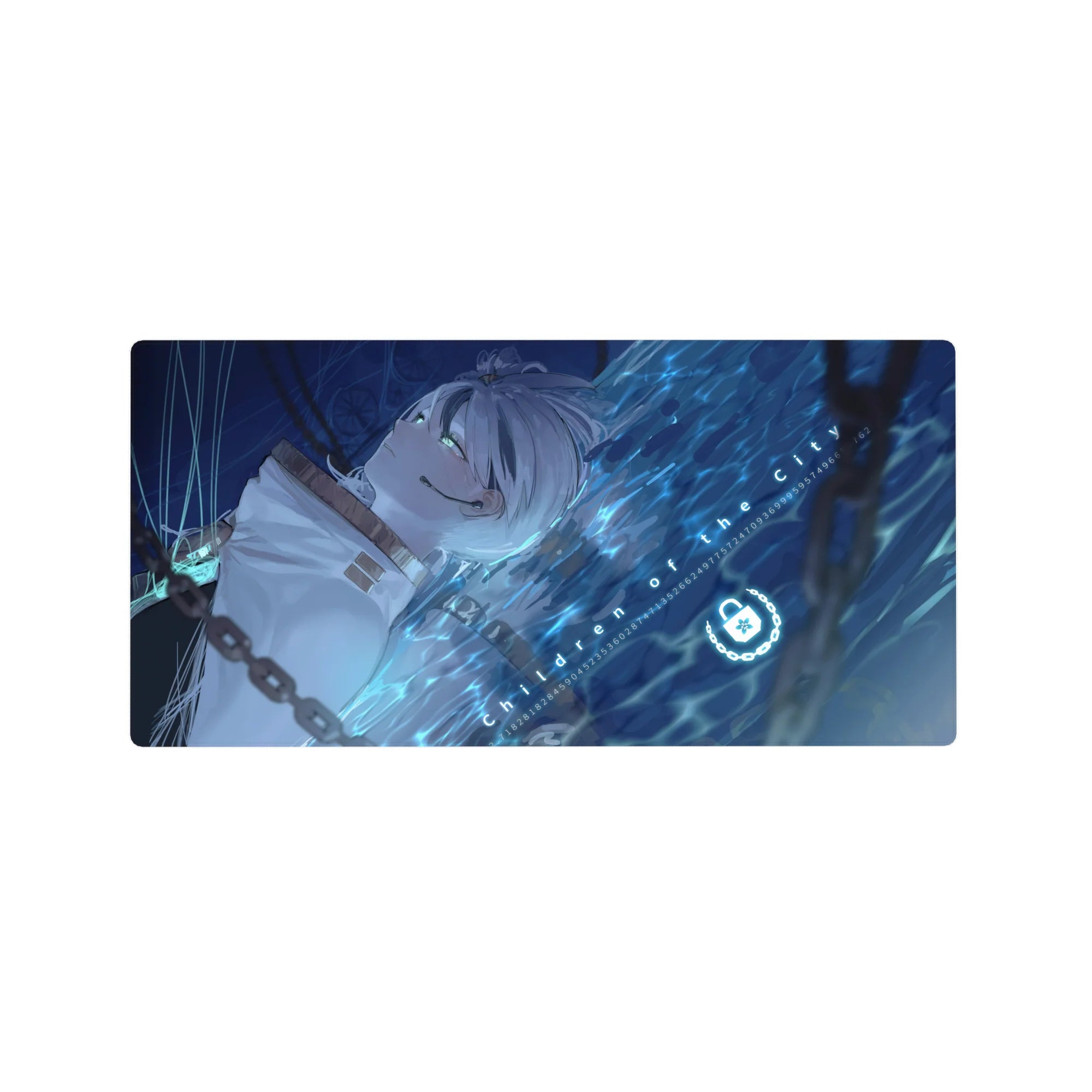 32x16 inches anime girl mouse pad with silver-haired girl, neon aqua ripples, numbers, and tech symbols.