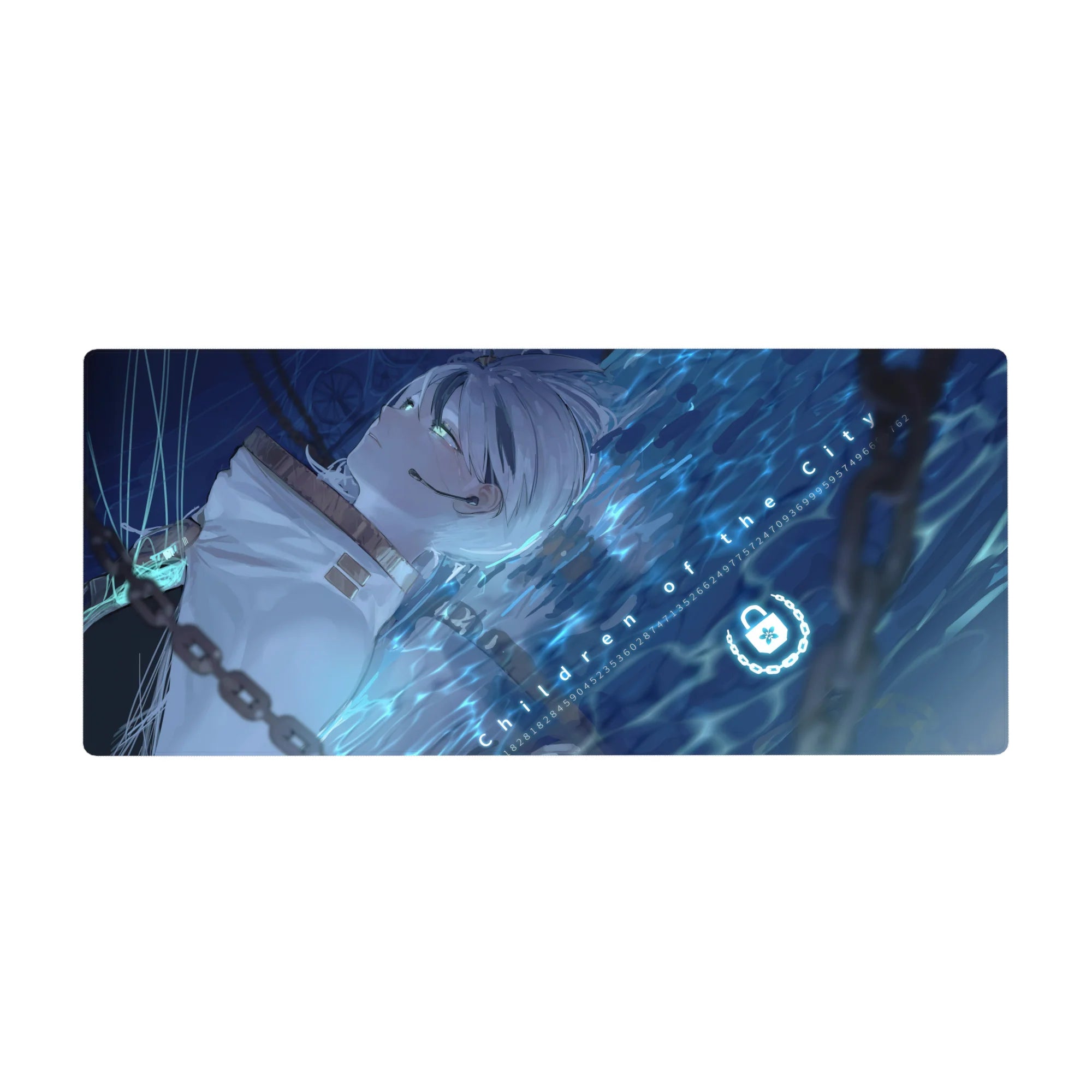 36x16 inches anime girl desk pad with silver-haired floating girl, neon aqua ripples, tech symbols.