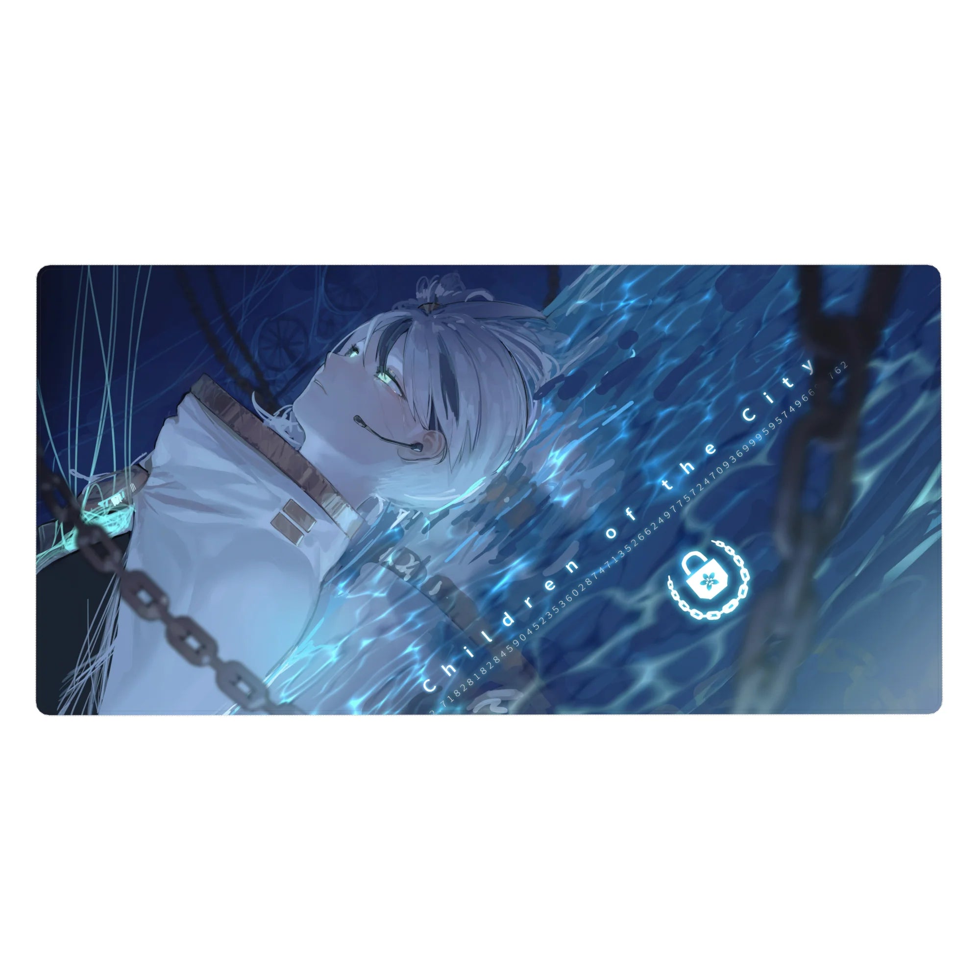 Anime girl desk pad 40x20 inches with silver-haired floating anime art and neon aqua tech symbols.