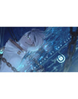 Anime girl desk pad 40x20 inches with silver-haired floating anime art and neon aqua tech symbols.