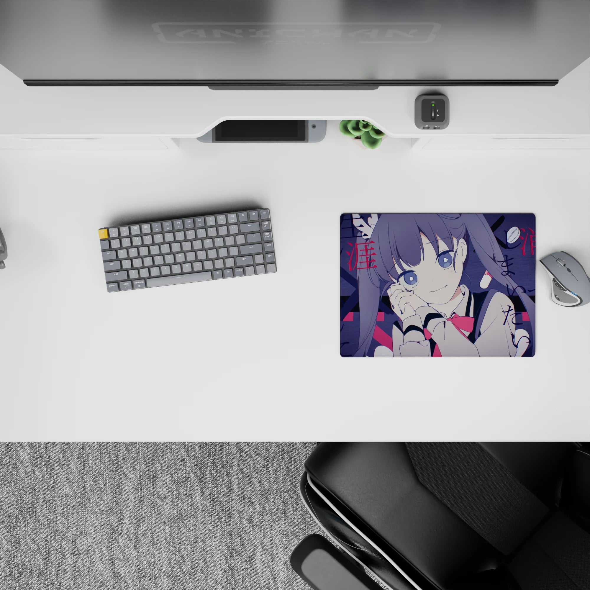 Moody navy and crimson anime mouse pad 14x10 inches with pill shapes, street-poetry Japanese scribbles.