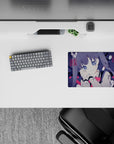 Moody navy and crimson anime mouse pad 14x10 inches with pill shapes, street-poetry Japanese scribbles.