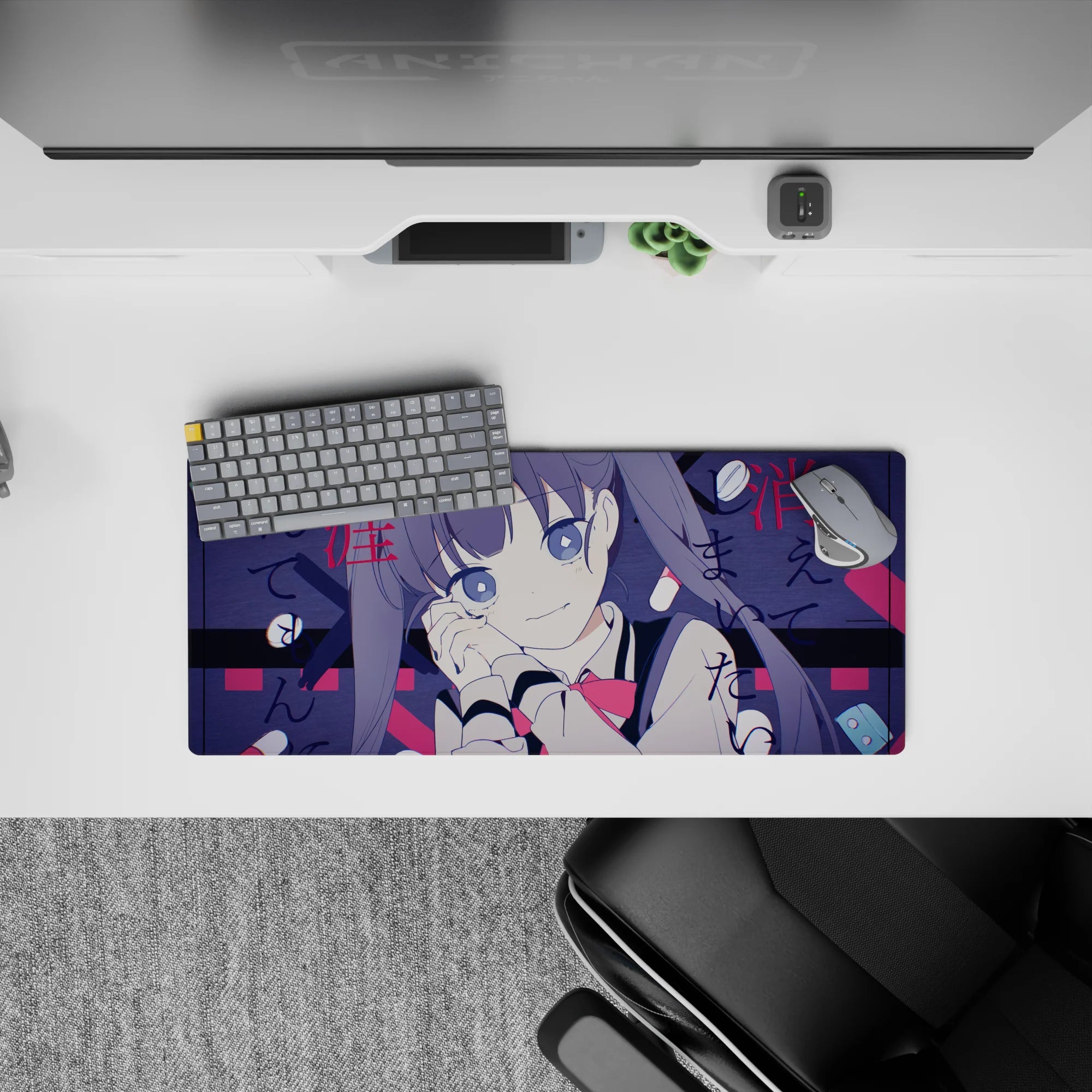 28x12 inches anime desk mouse pad in moody navy and crimson with pill icons and handwritten Japanese text.