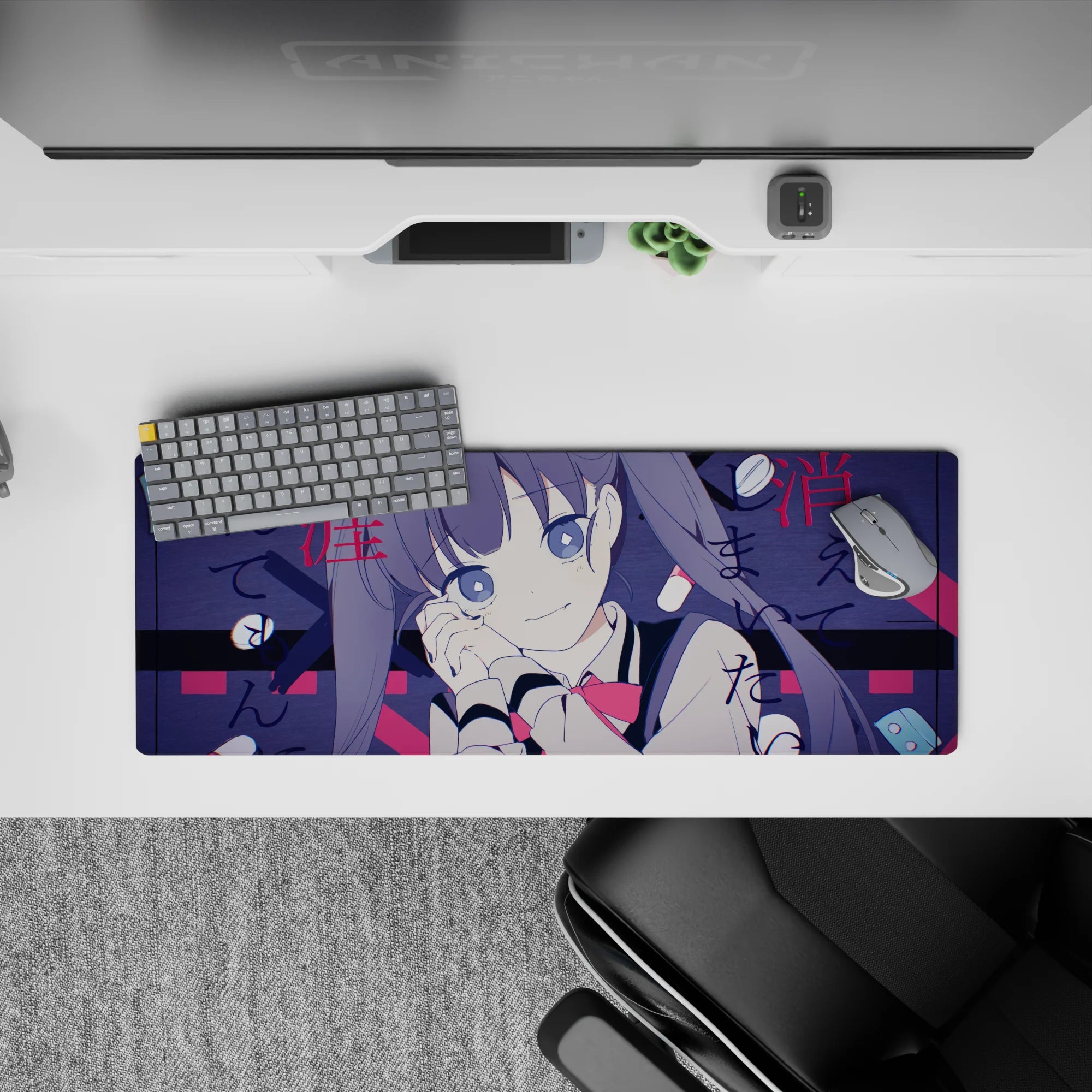 32x12 inches desk mouse pad in moody navy and crimson with pill shapes, street-poetry Japanese lettering.