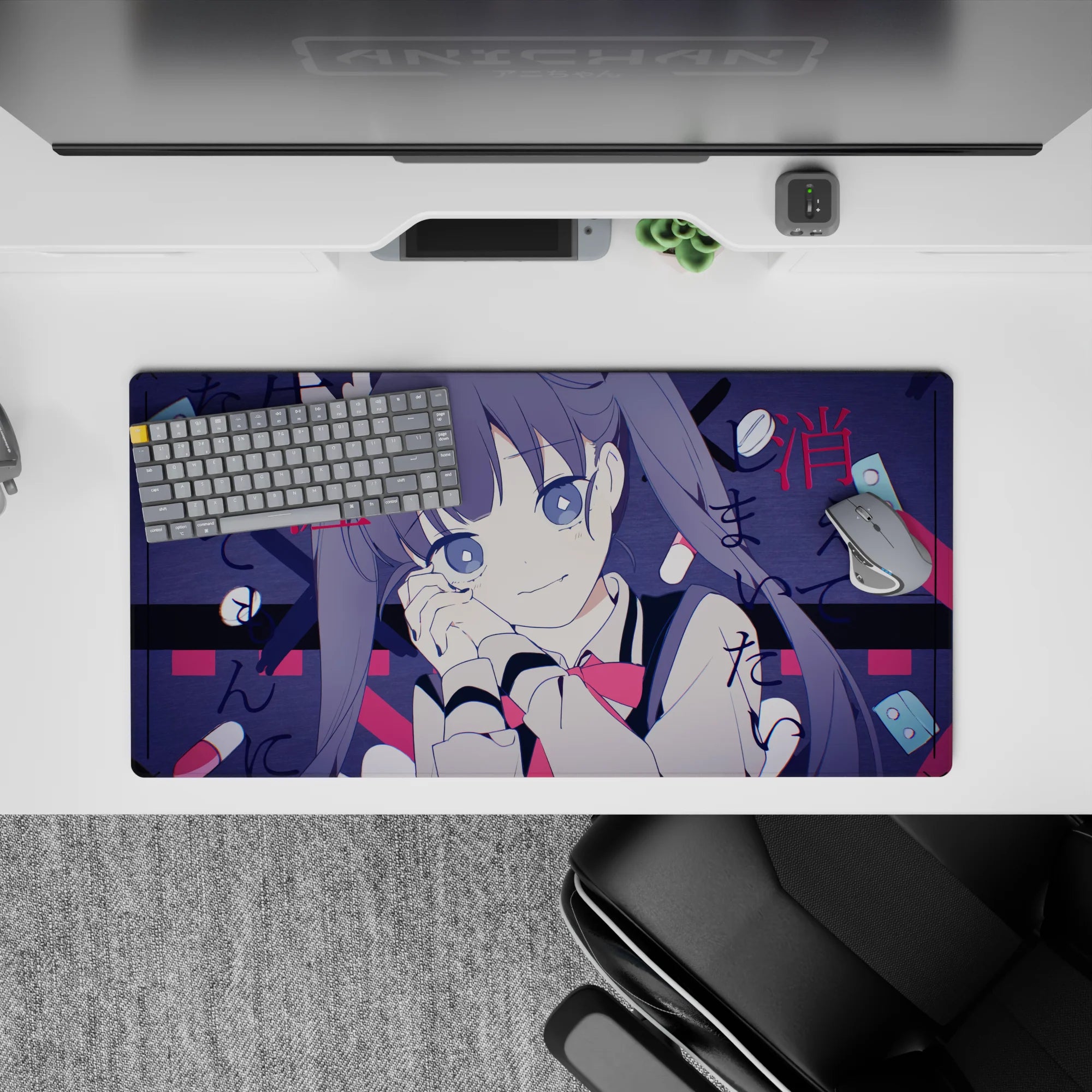 Moody navy and crimson anime mouse pad 32x16 inches with pill icons and street-poetry kanji.