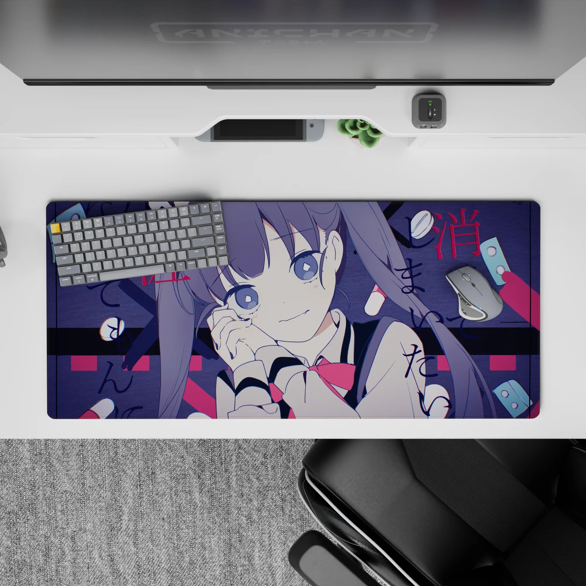 36x16 inches anime desk pad in moody navy and crimson with pill shapes and street-poetry Japanese lettering.