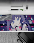 36x16 inches anime desk pad in moody navy and crimson with pill shapes and street-poetry Japanese lettering.