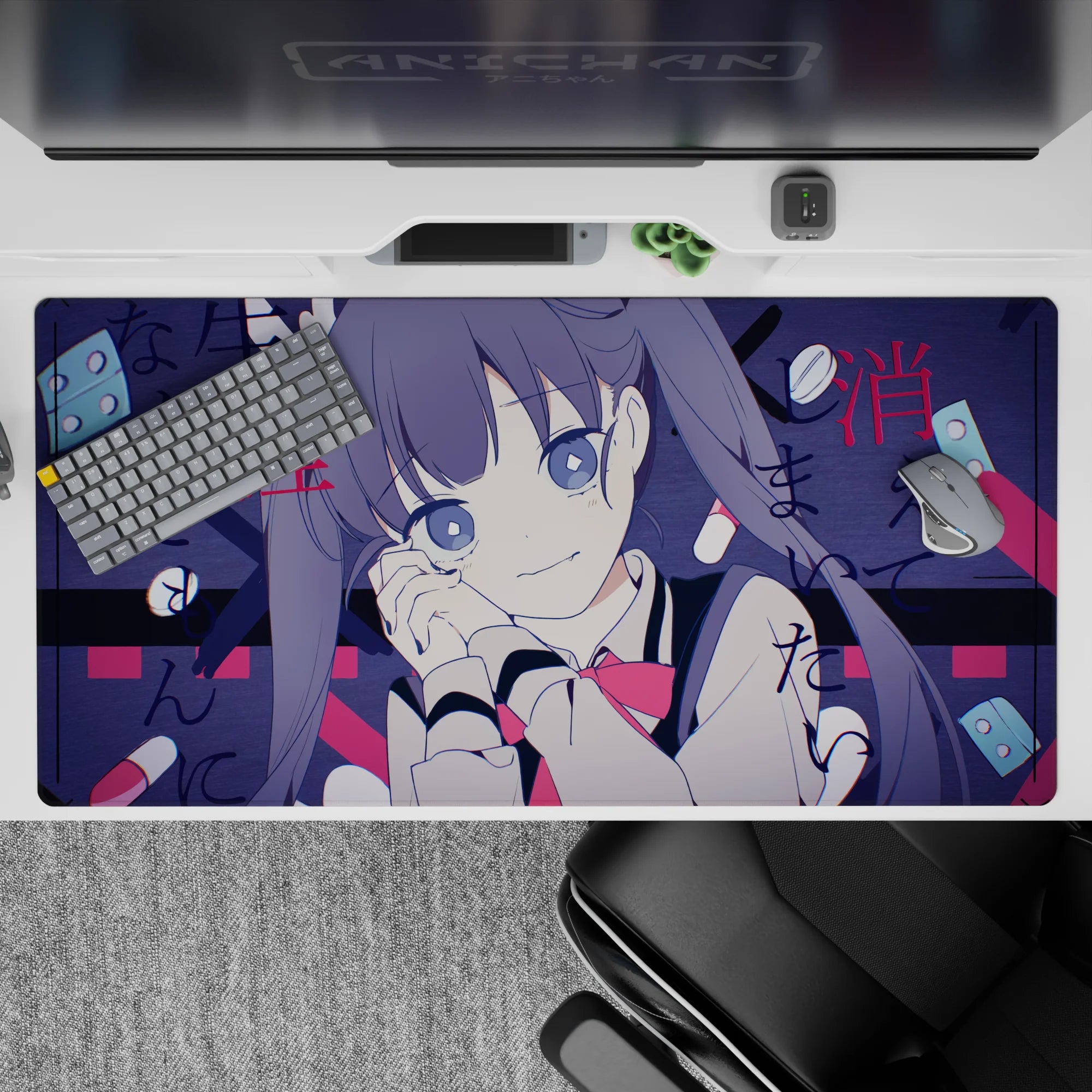 Moody navy and crimson anime desk pad 40x20 inches, street-poetry Japanese scribbles and pill icons.