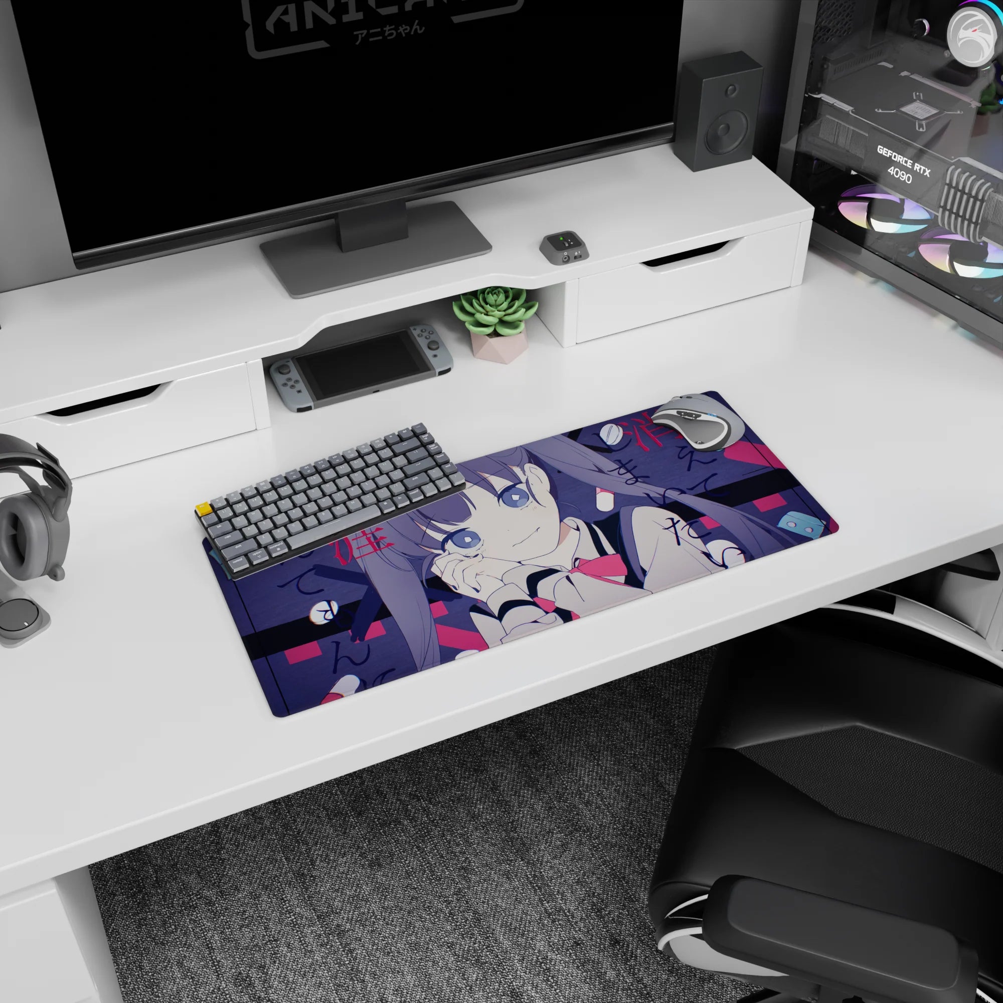 28x12 inches anime girl mouse pad of a wide-eyed girl resting her cheek on her hand, twin tails flowing.