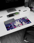 28x12 inches anime girl mouse pad of a wide-eyed girl resting her cheek on her hand, twin tails flowing.