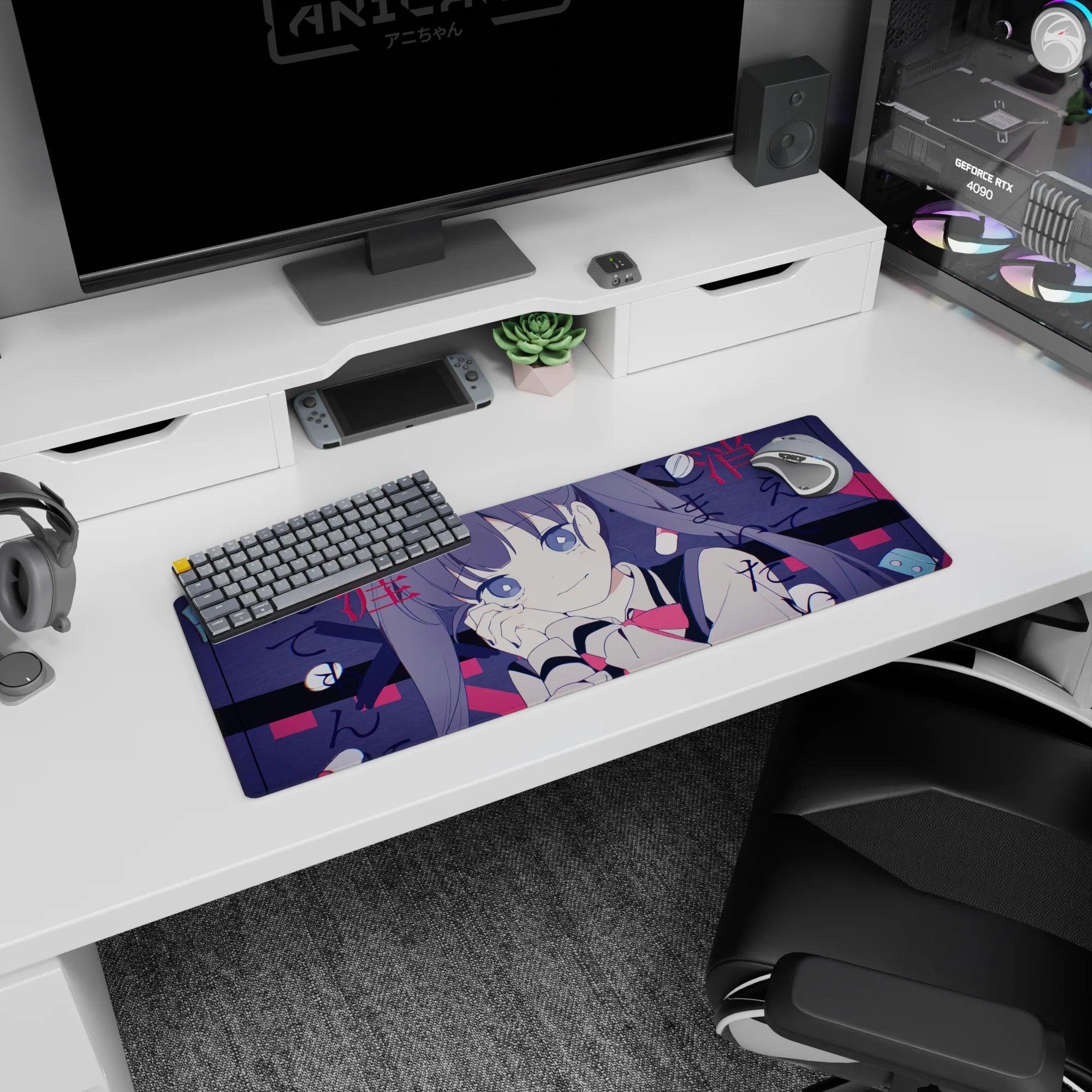 32x12 inches anime mouse pad of a big-eyed girl resting her cheek on her hand, staring up with twin tails.