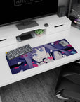 32x12 inches anime mouse pad of a big-eyed girl resting her cheek on her hand, staring up with twin tails.