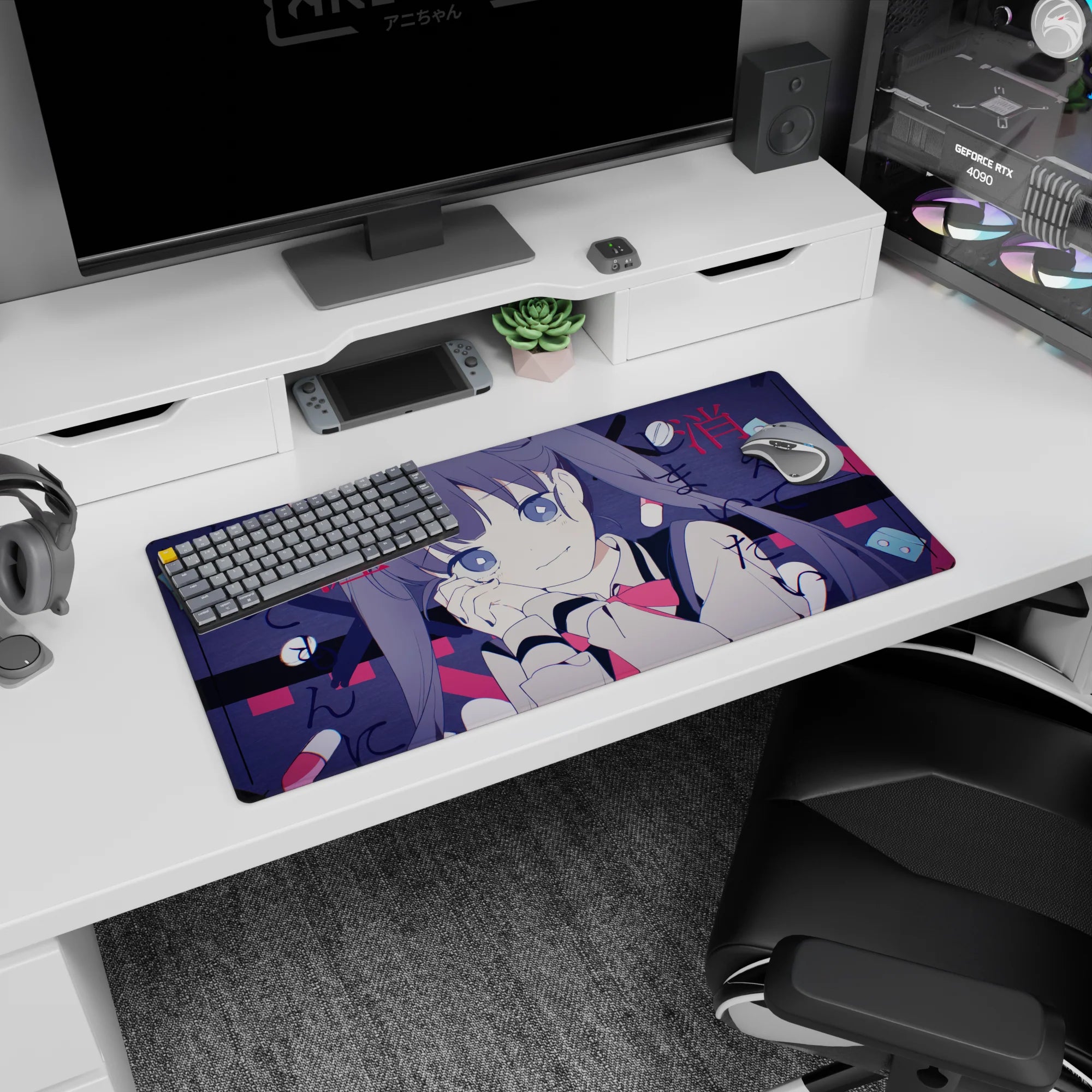 Cute anime girl mouse pad 32x16 inches, glassy eyes gazing up, cheek on hand, twin-tail hair.