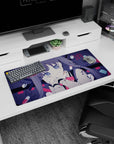Cute anime girl mouse pad 32x16 inches, glassy eyes gazing up, cheek on hand, twin-tail hair.