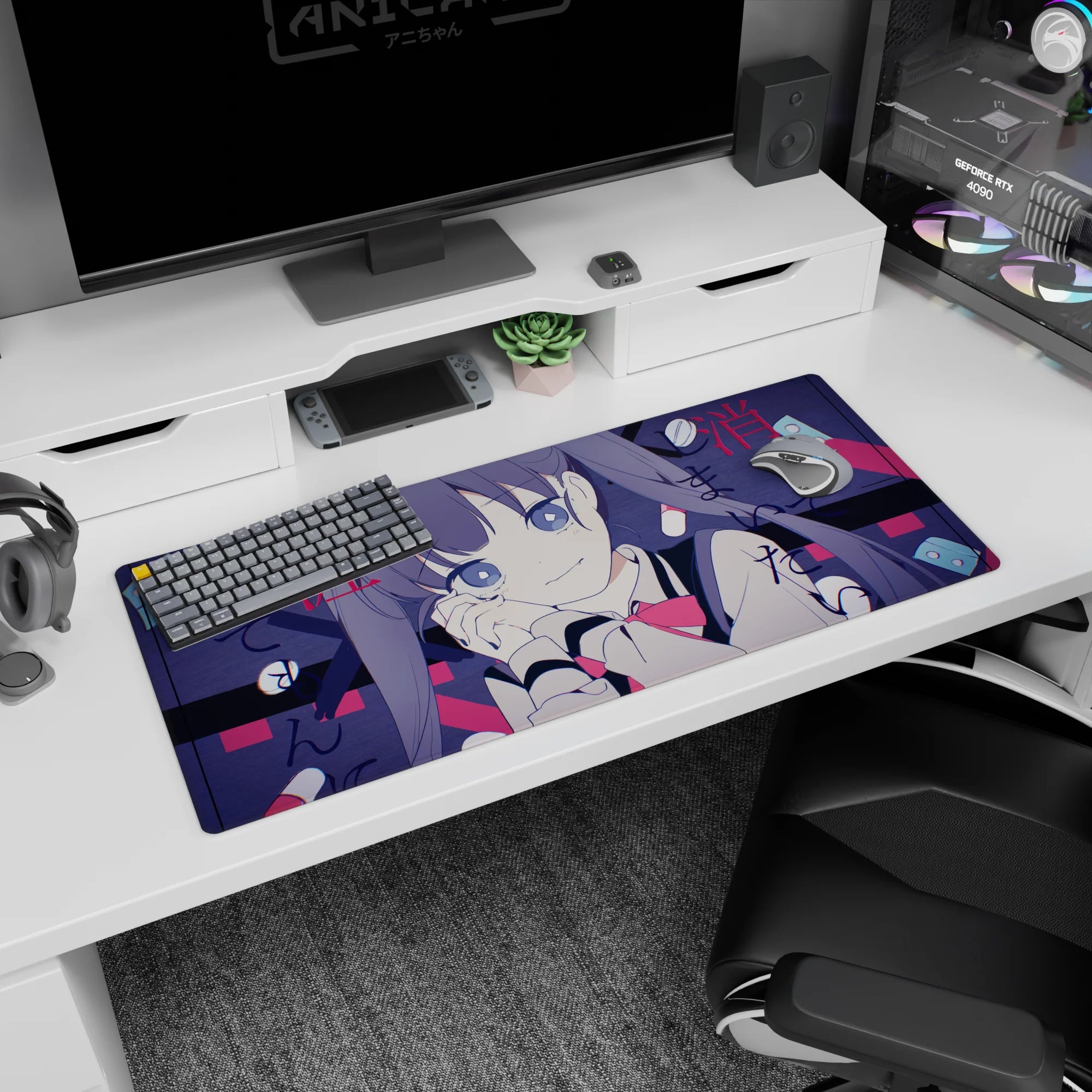 36x16 inches anime girl desk pad showing big glassy eyes, cheek on hand, violet twin tails, sailor uniform.