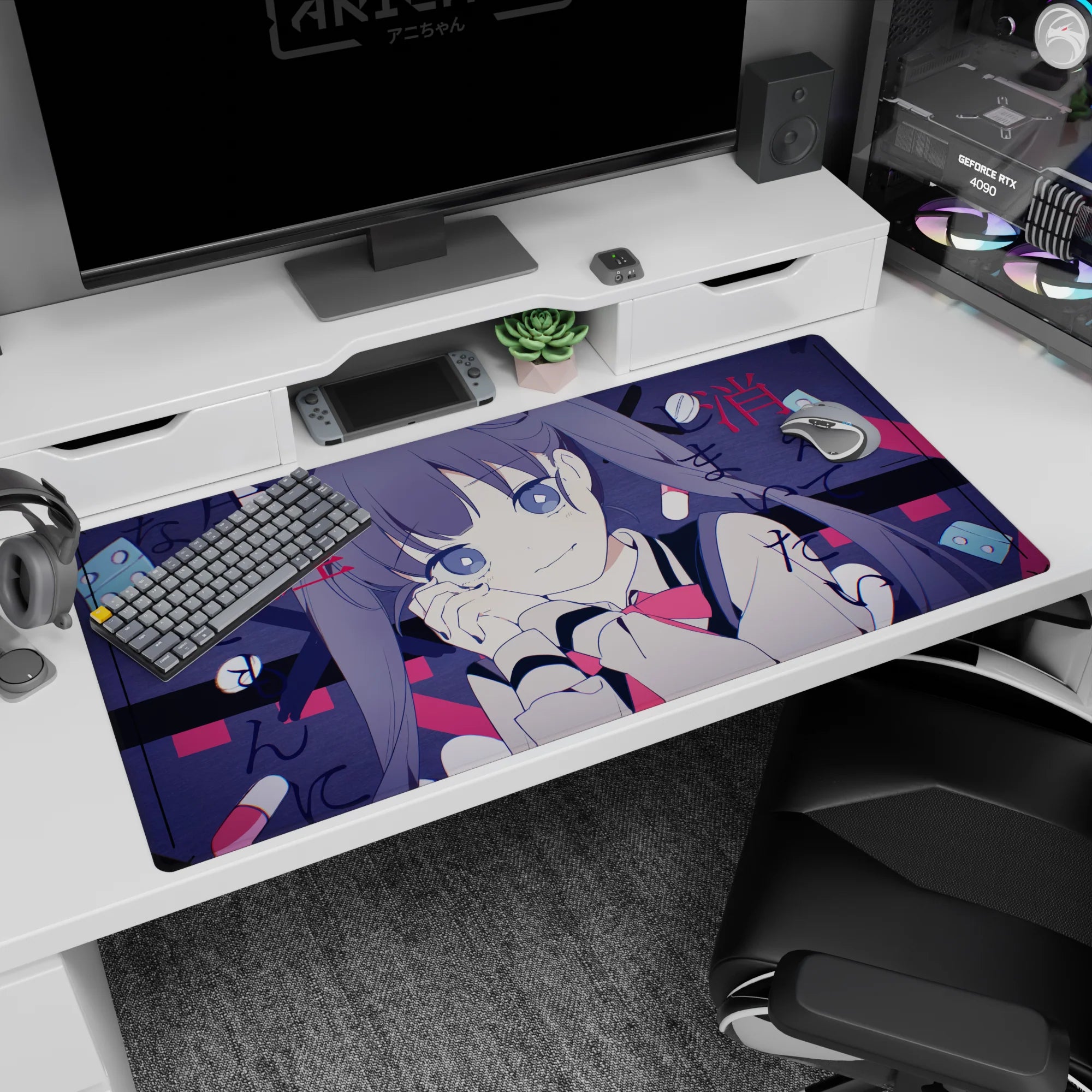 Close-up anime girl gazing up, cheek on hand, glassy eyes and twin tails on a 40x20 inches desk pad.