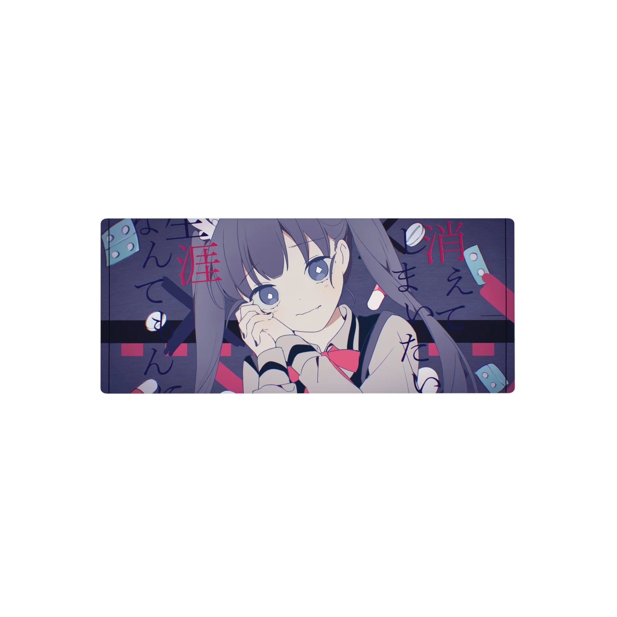 28x12 inches anime girl mouse pad with violet twin tails, sailor collar, red ribbon, navy graphic background.