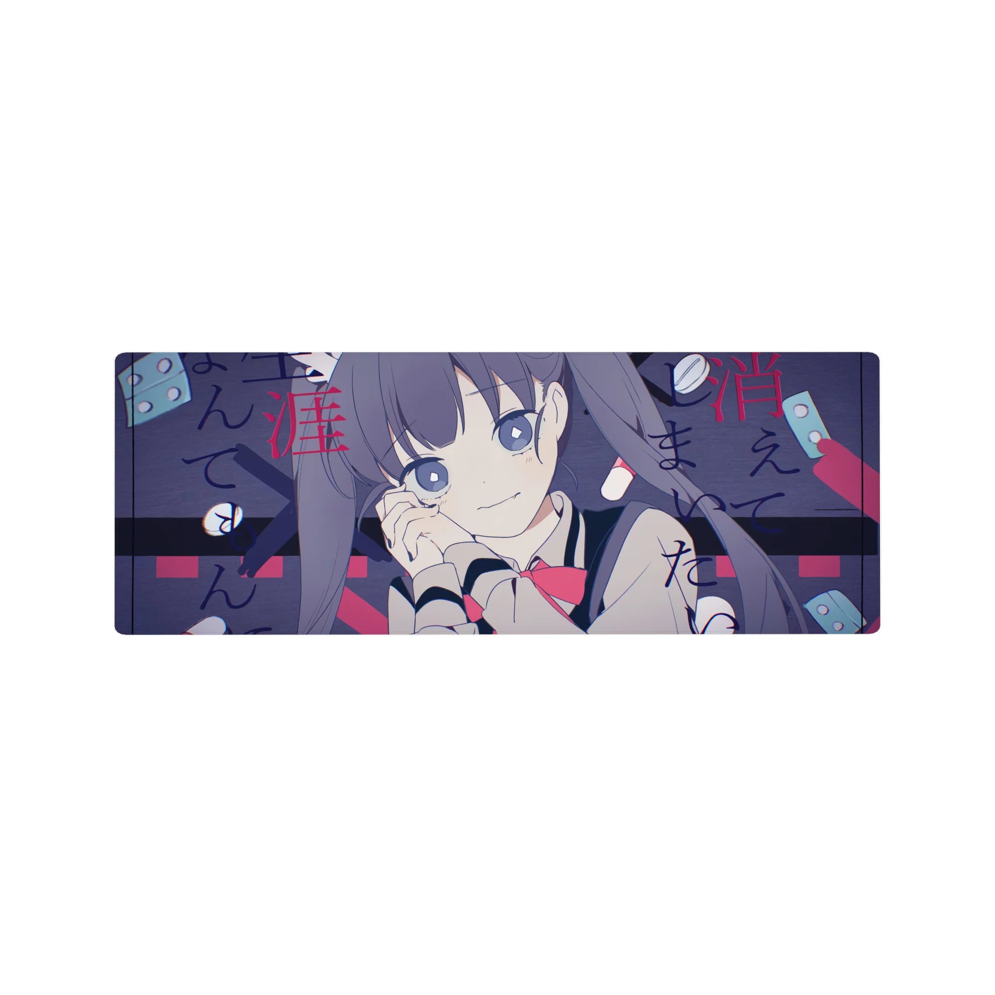 32x12 inches anime girl mouse pad with violet twin-tails, sailor collar, red ribbon, and Japanese text.