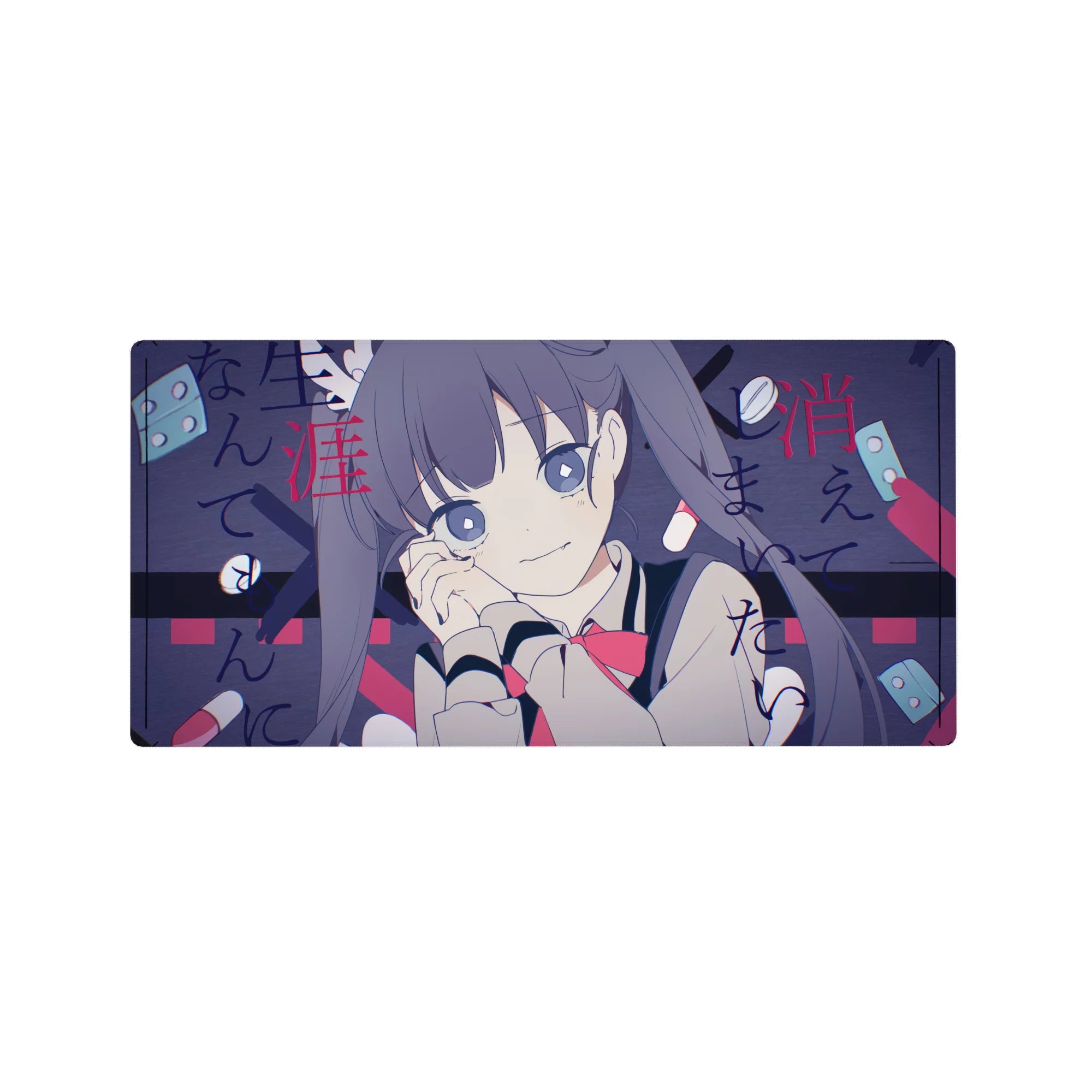 Anime girl mouse pad 32x16 inches with violet twin tails, sailor collar, red ribbon, Japanese text.