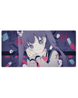 Anime girl mouse pad 32x16 inches with violet twin tails, sailor collar, red ribbon, Japanese text.