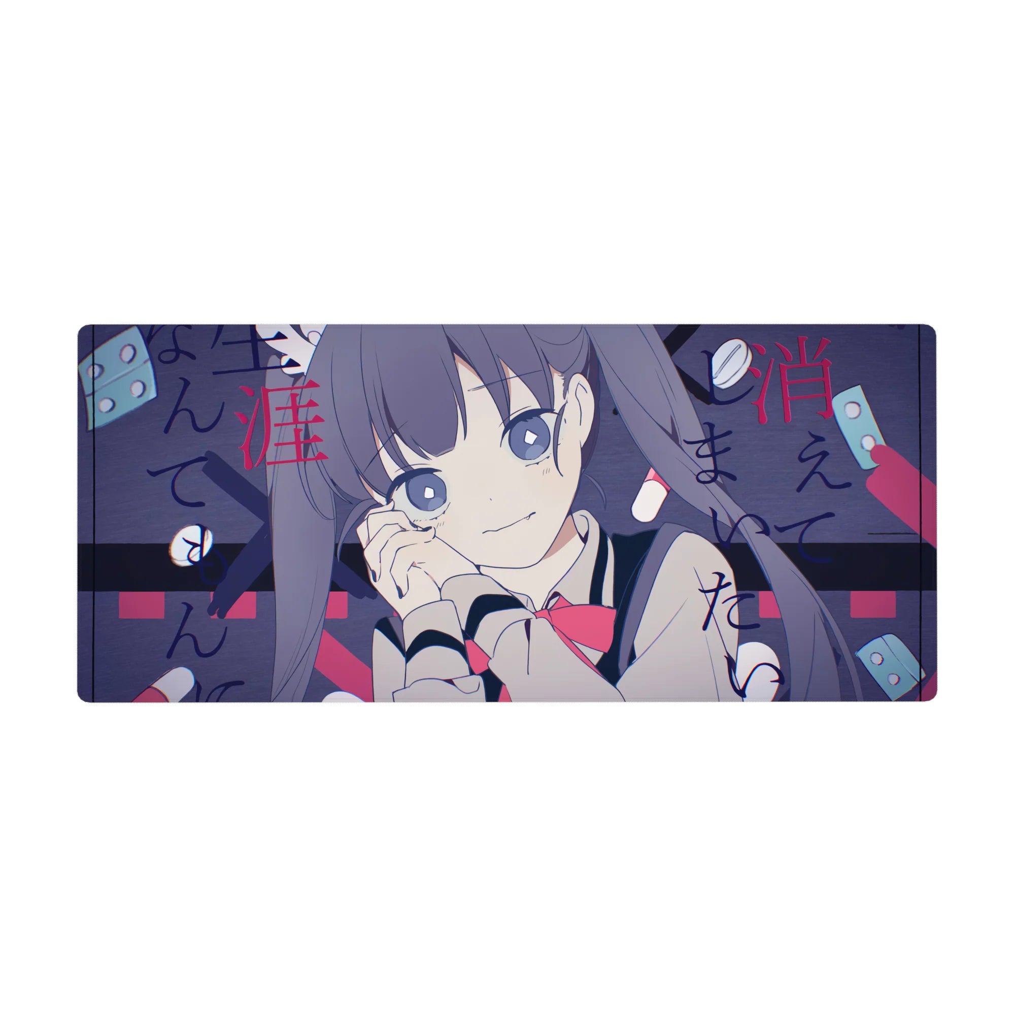 36x16 inches anime girl desk pad with violet twin tails, sailor collar, red ribbon, and Japanese text.