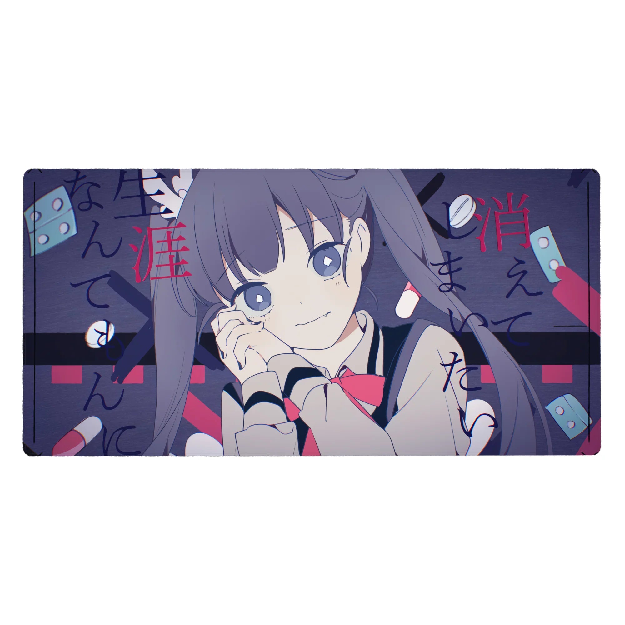 Anime girl desk pad 40x20 inches with violet twin tails, sailor collar, red ribbon, pills and Japanese text.