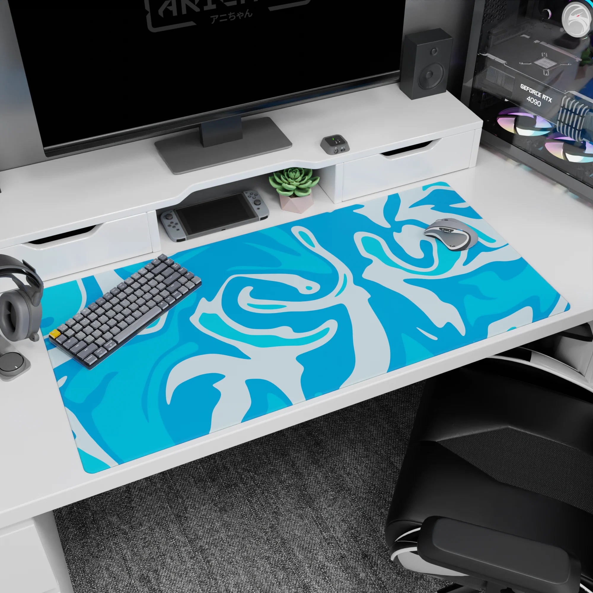 Abstract Deskmat | Mousepad | Deskpad - Liquid Blue Flow - AniChan