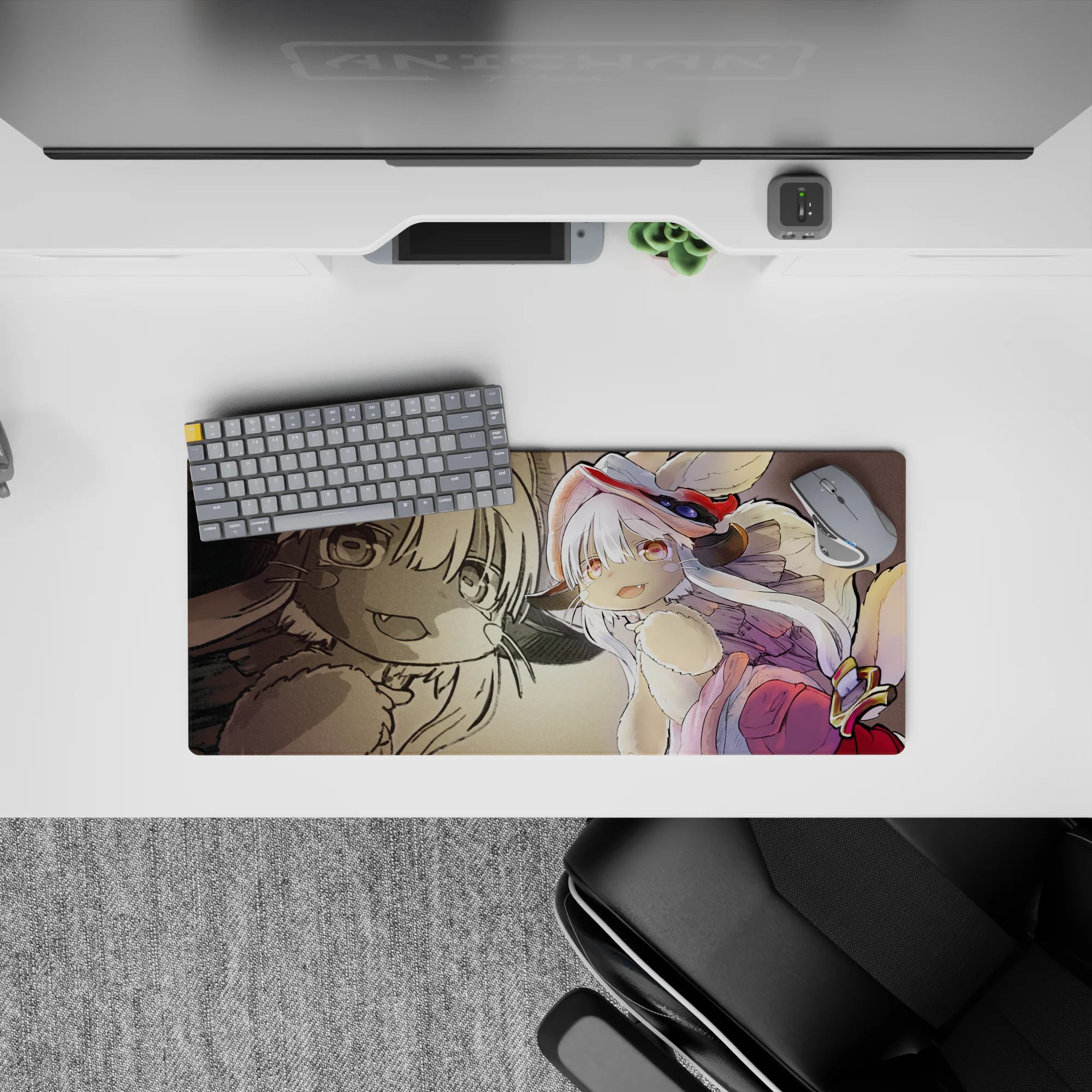 Cozy brave anime mouse pad 28x12 inches in warm sepia, creamy fur, pink accents, bright red boot.