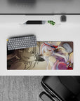 Cozy brave anime mouse pad 28x12 inches in warm sepia, creamy fur, pink accents, bright red boot.