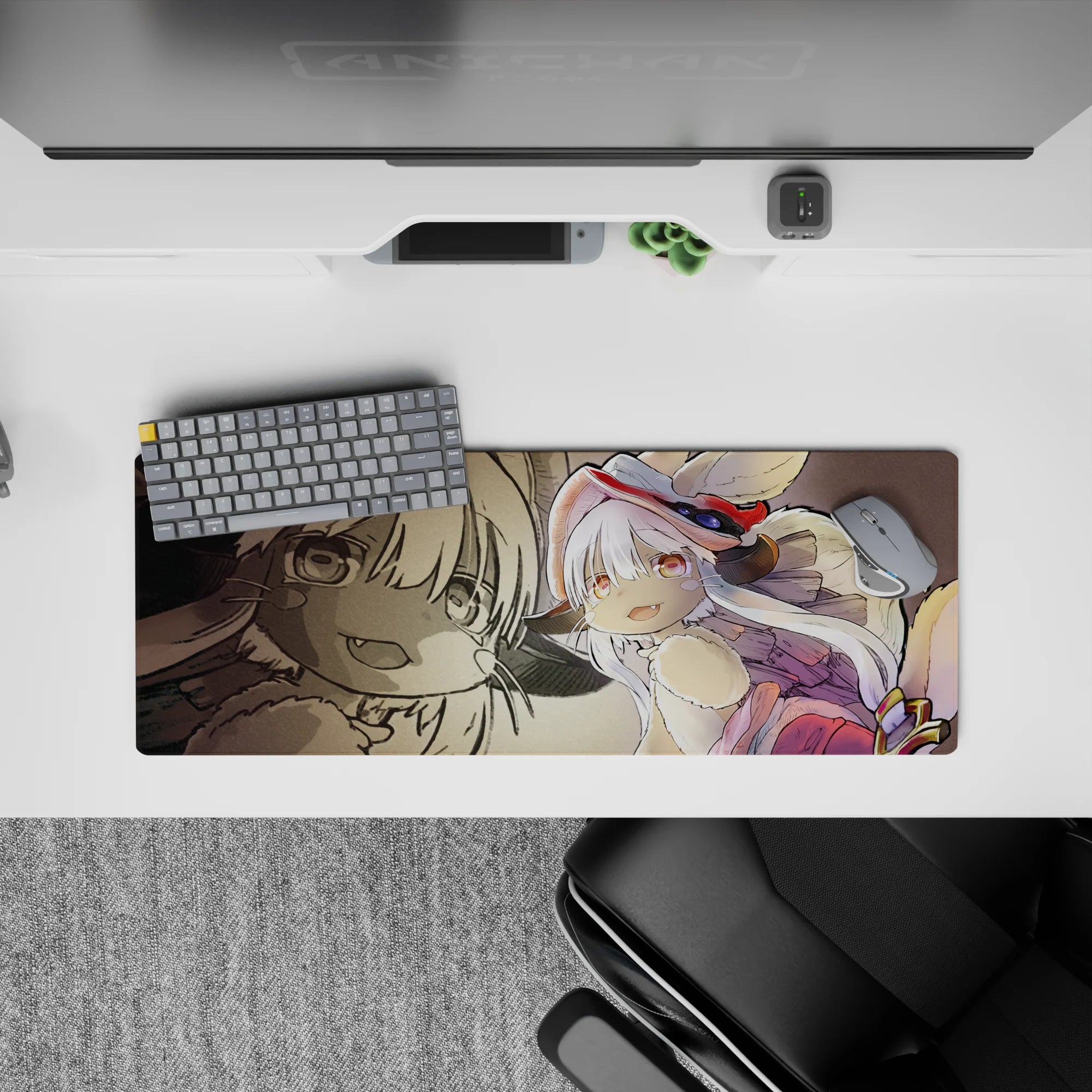 Cozy adventure anime mouse pad 32x12 inches in warm sepia tones with creamy fur, pink accents, and bright red pops.