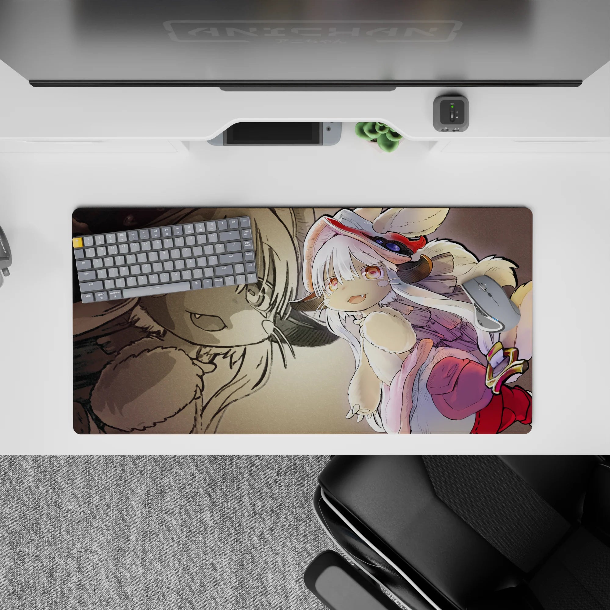32x16 inches anime mouse pad in cozy warm sepia with creamy fur, pink accents, and bright red boot.