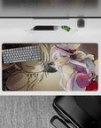 32x16 inches anime mouse pad in cozy warm sepia with creamy fur, pink accents, and bright red boot.