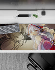Cozy sepia-and-cream anime desk pad 36x16 inches with fluffy fur, pink accents, bright red boot.