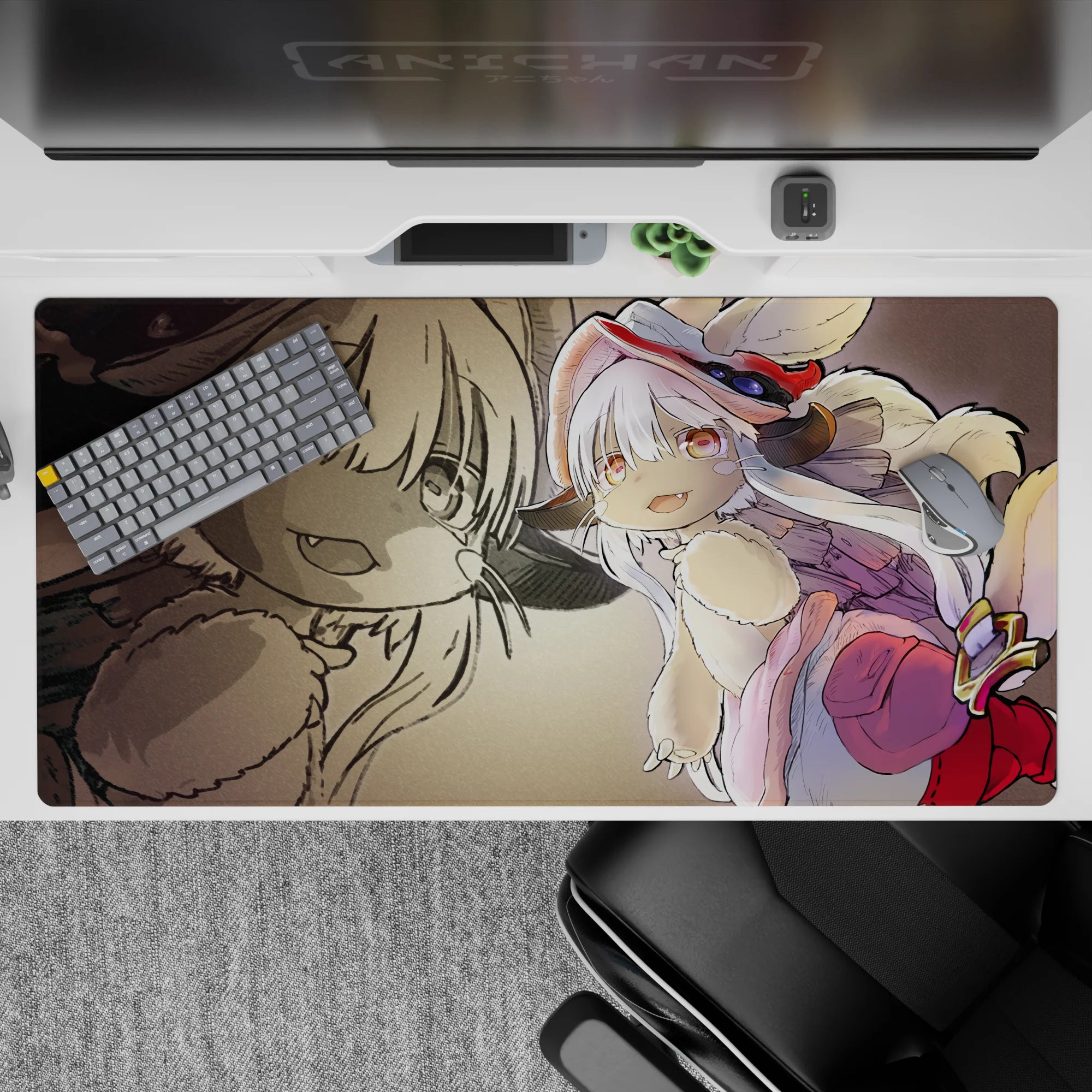 Cozy sepia sketch and creamy fur tones anime desk pad 40x20 inches with pink accents and bright red boot.
