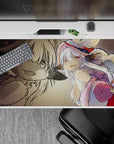 Cozy sepia sketch and creamy fur tones anime desk pad 40x20 inches with pink accents and bright red boot.