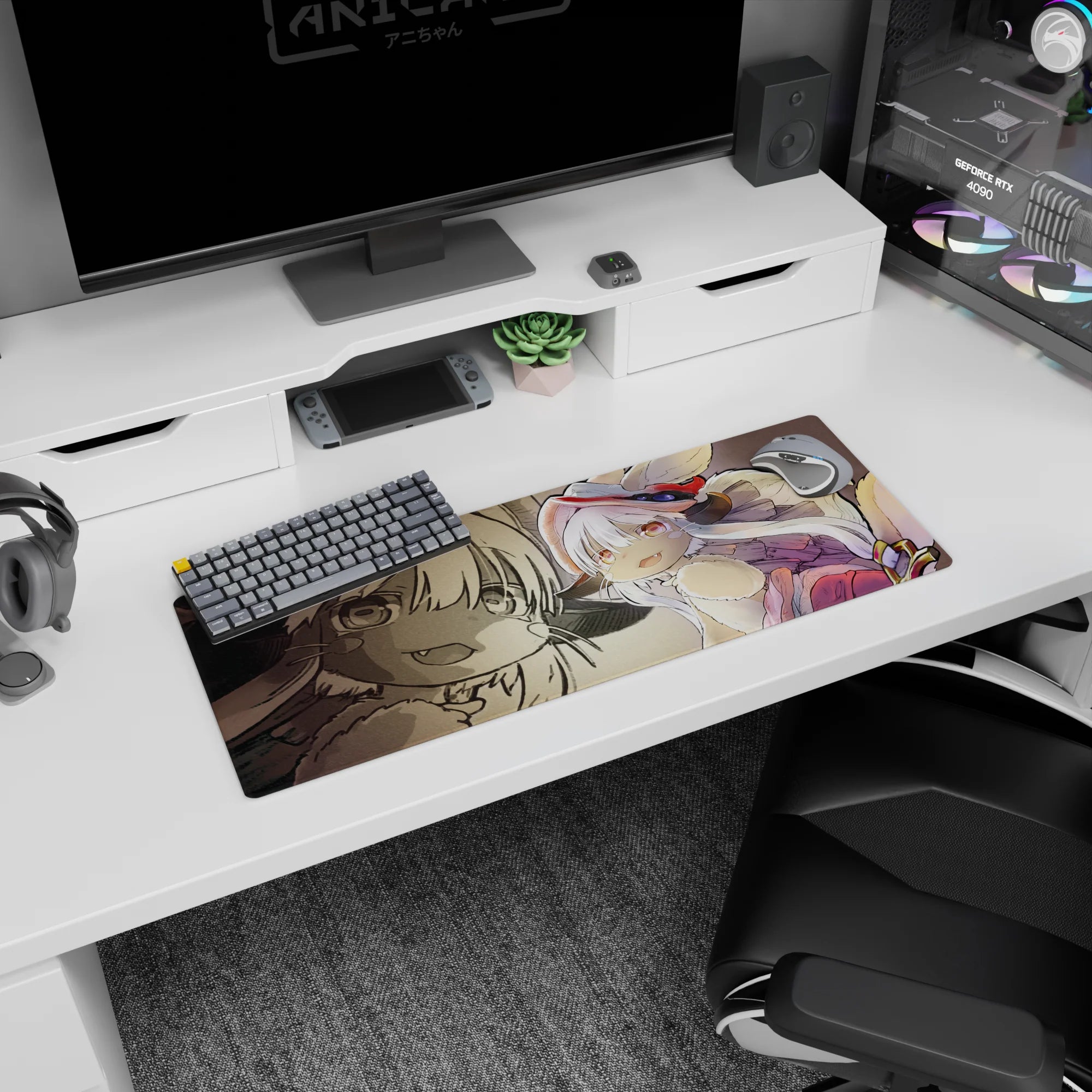 32x12 inches anime mouse pad with wide-eyed chibi explorer, fluffy gear, tiny fangs, and a red boot kick.