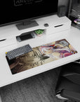 32x12 inches anime mouse pad with wide-eyed chibi explorer, fluffy gear, tiny fangs, and a red boot kick.
