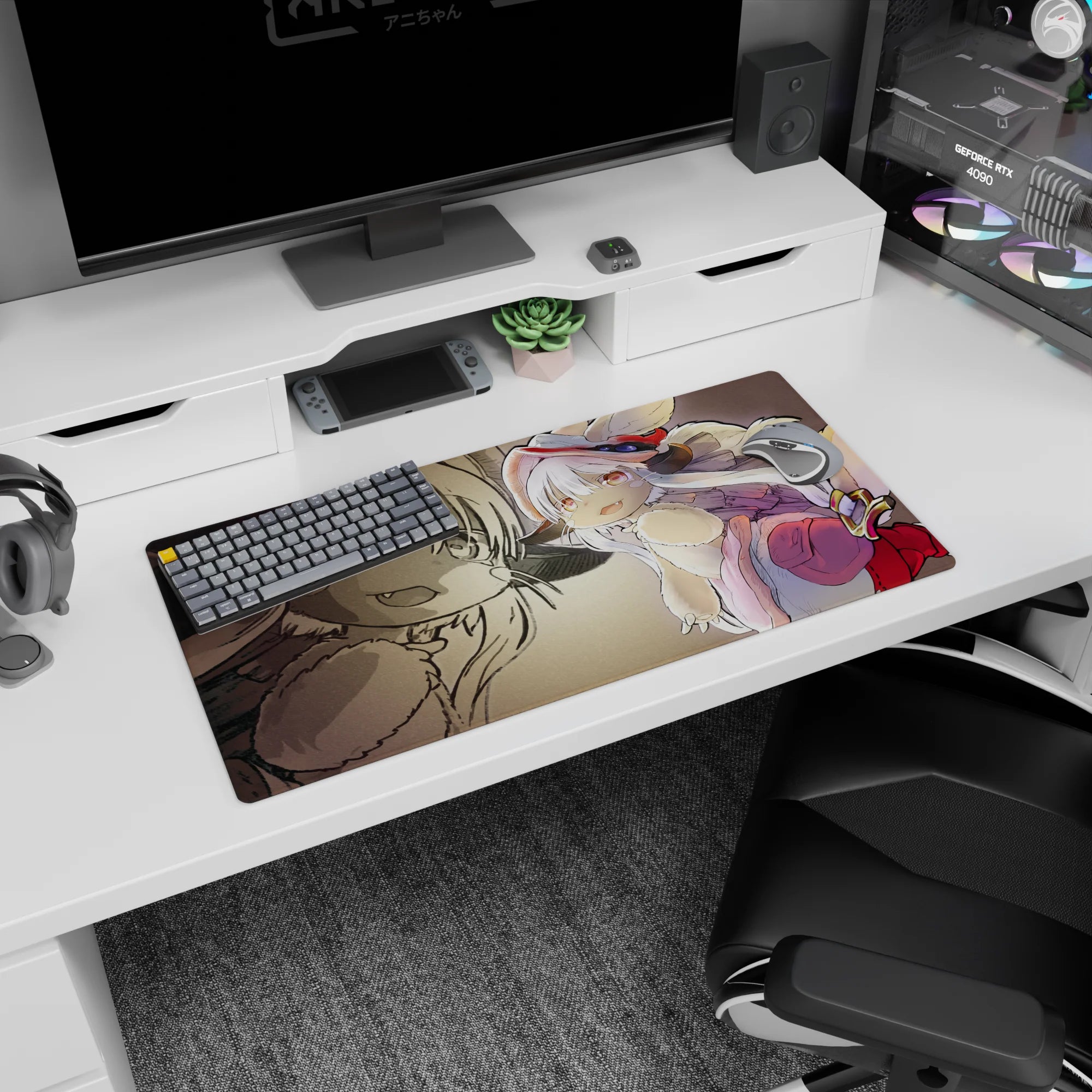 32x16 inches anime mouse pad showing wide-eyed chibi adventurer with little fangs, red hat, goggles.