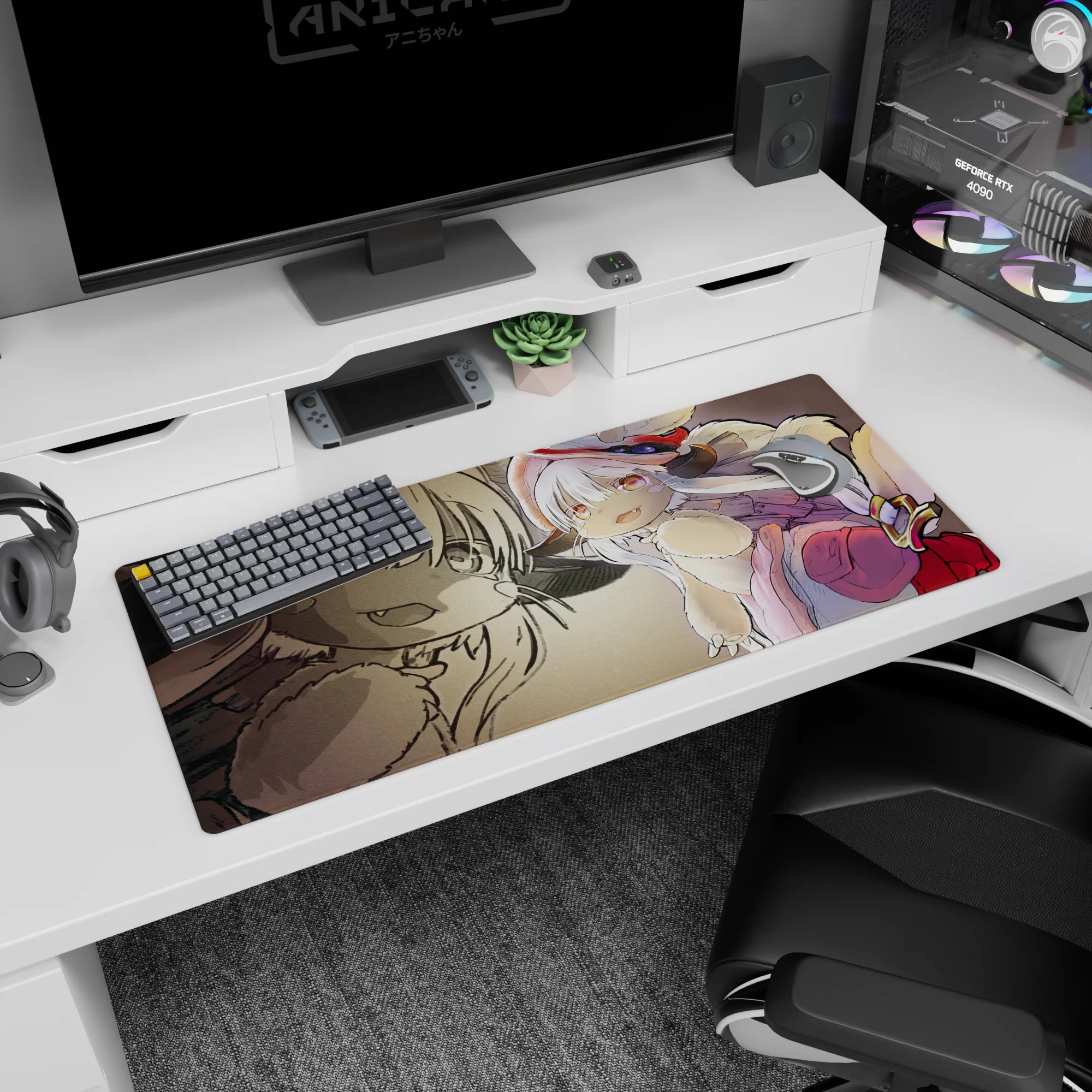 Chibi explorer with little fangs in fluffy gear and red hat on anime desk pad 36x16 inches.