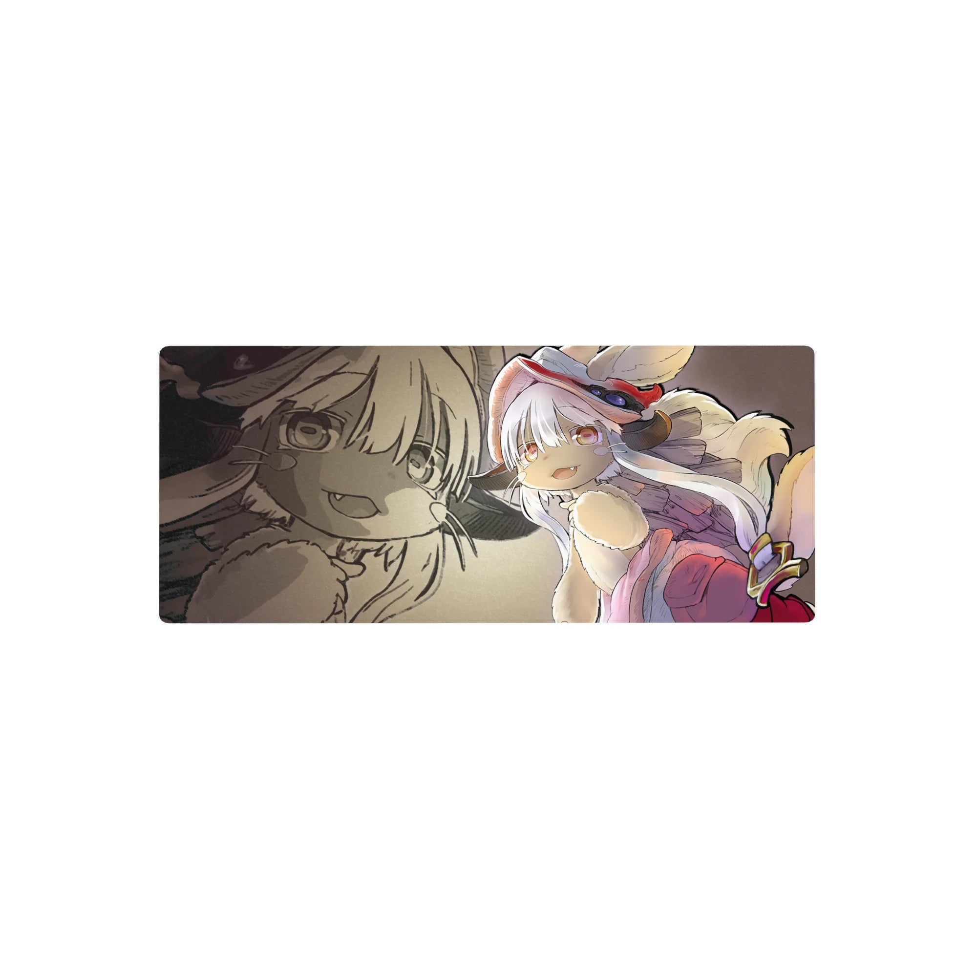 Anime mouse pad 28x12 inches with chibi white-haired explorer, red hat goggles, sepia sketch backdrop.