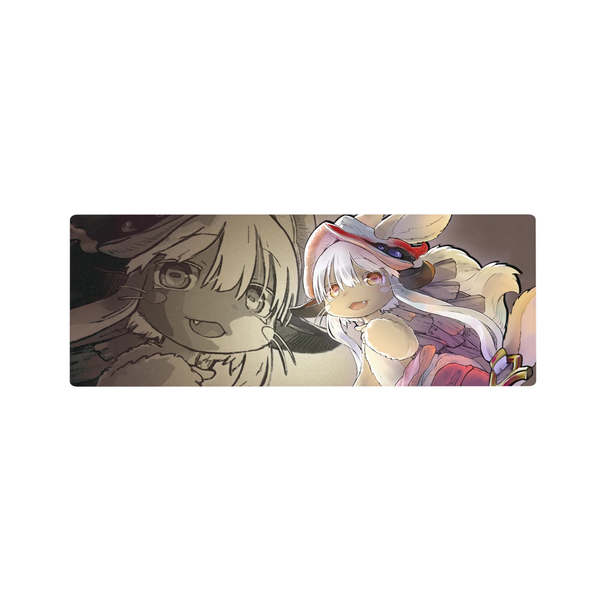 Anime mouse pad 32x12 inches featuring a chibi white-haired explorer with red hat, goggles, and sepia sketch backdrop.
