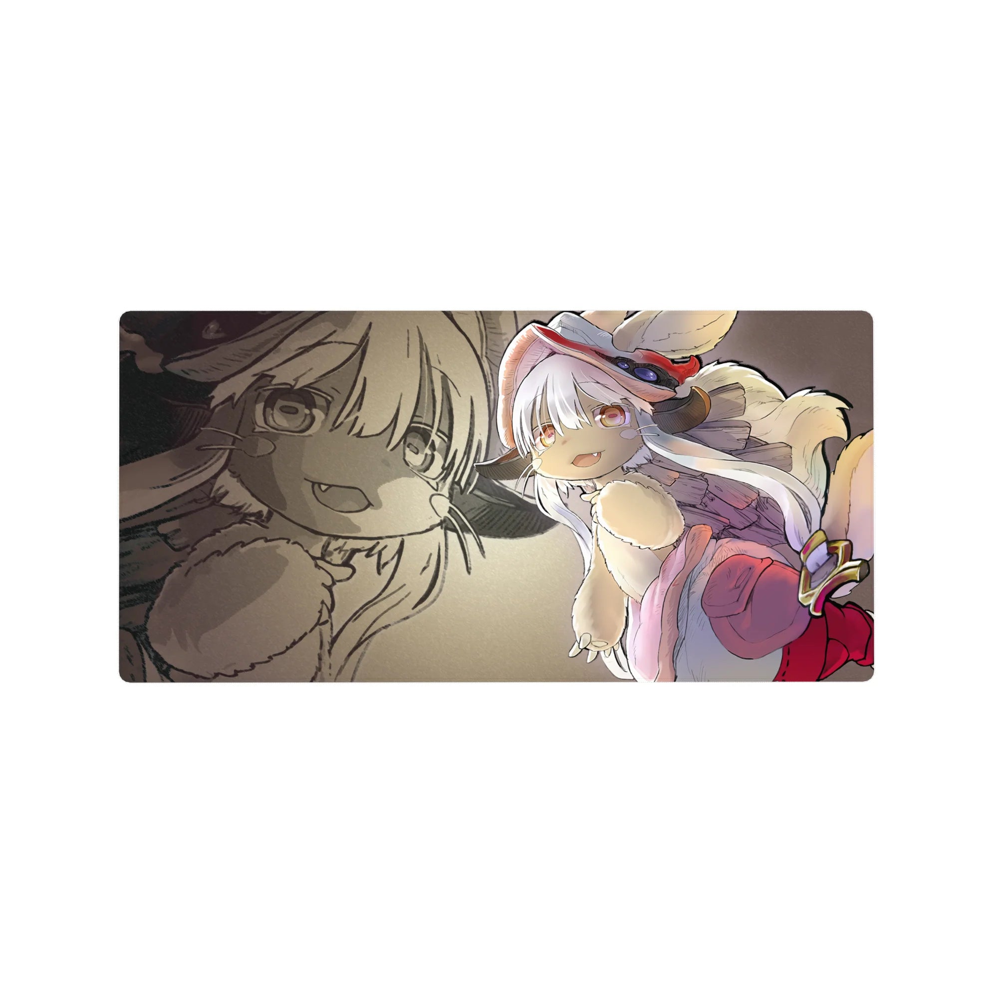 32x16 inches anime mouse pad with chibi white-haired explorer, red hat goggles, fluffy gear, sepia sketch.