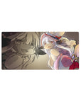 32x16 inches anime mouse pad with chibi white-haired explorer, red hat goggles, fluffy gear, sepia sketch.