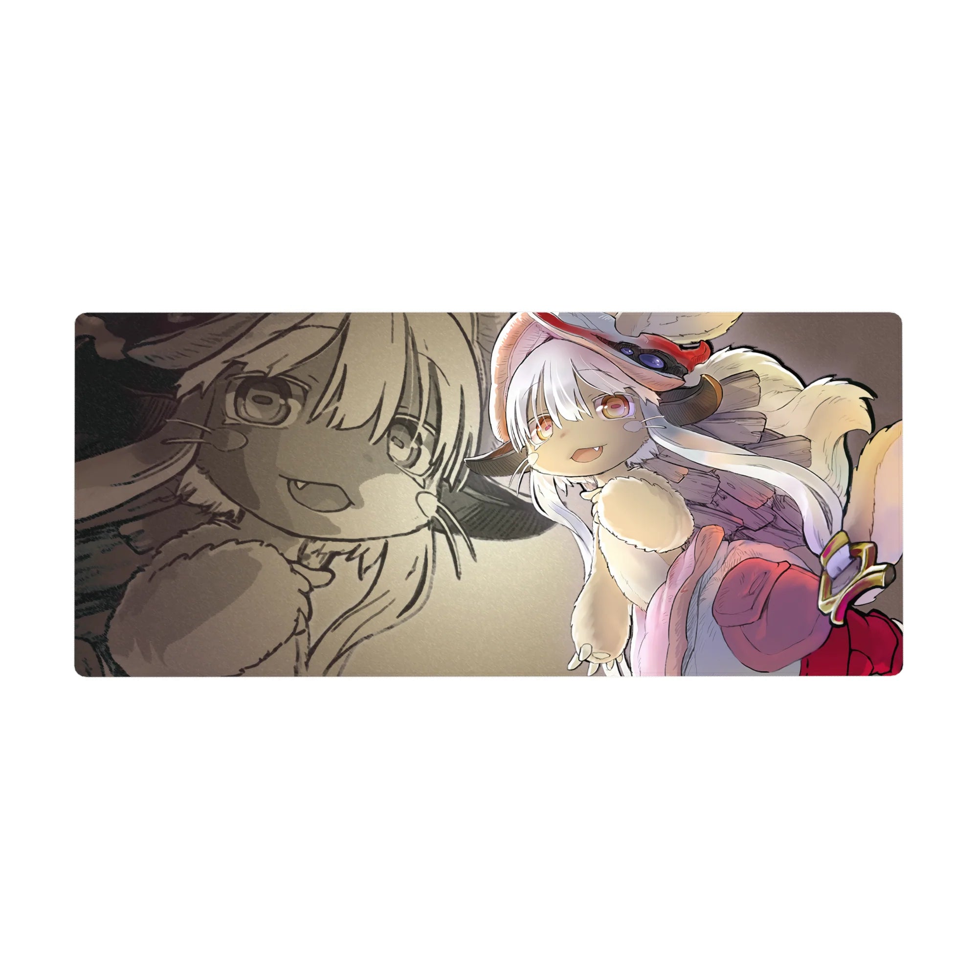 Anime desk pad 36x16 inches with chibi white-haired explorer, red hat goggles, sepia sketch backdrop.