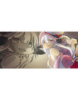 Anime desk pad 36x16 inches with chibi white-haired explorer, red hat goggles, sepia sketch backdrop.