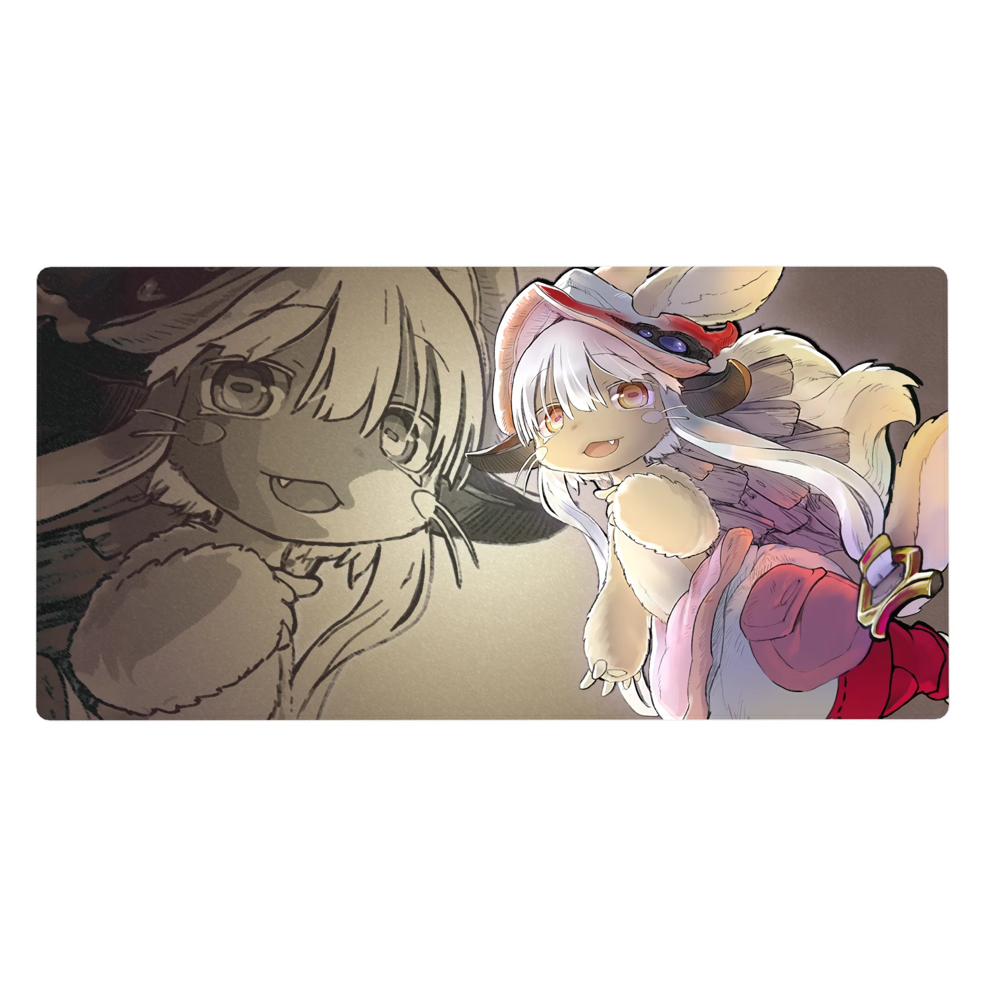 Chibi white-haired explorer anime desk pad 40x20 inches with red hat, goggles, and sepia sketch backdrop.