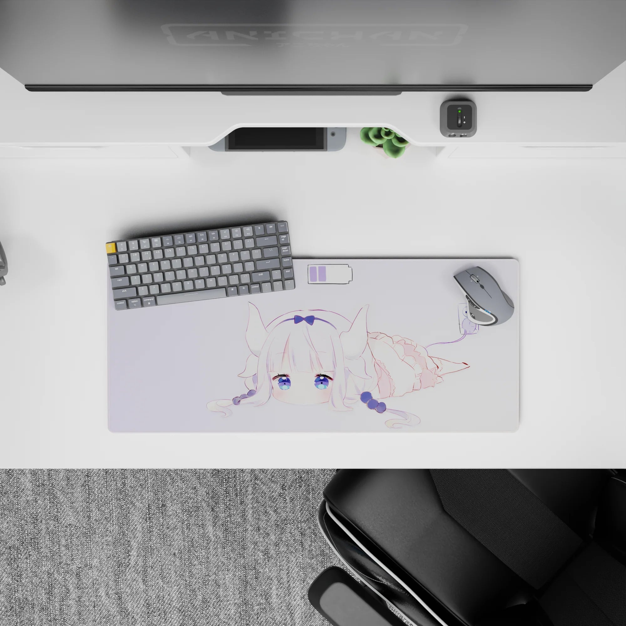 28x12 inches lavender aesthetic mouse pad, soft sleepy-cute vibe with airy line art and glossy blue eyes.